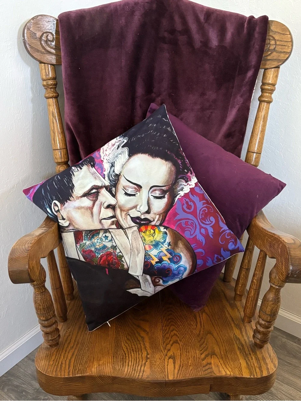Frankie & His Gorgeous Bride in Passionate Embrace Throw Pillow Gothic Romance
